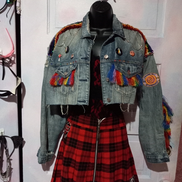Pretty in Pride- Custom RAGE rainbow cropped denim jacket! PRICE FIRM! - Picture 2 of 15